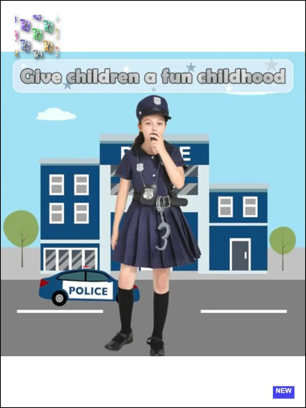 Kids Police Officer Costume Set 6pc Dress Up Role Play Hat Badge Handcuffs